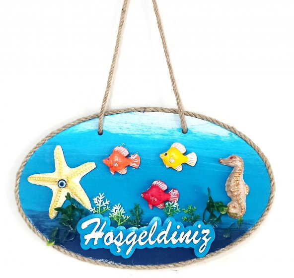 Balıklı, Deniz Atlı Ve Deniz Yıldızlı El Boyaması Hoşgeldiniz Kapı Süsü ürün görseli