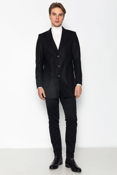 Erkek Cepli Düğmeli Kışlık Yünlü Klasik Uzun Palto Kaban - 2