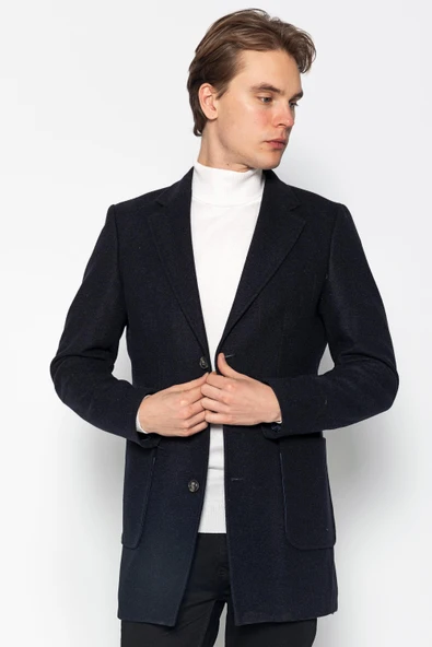 Erkek Cepli Düğmeli Kışlık Yünlü Klasik Uzun Palto Kaban - 6