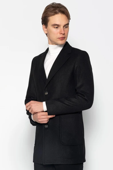 Erkek Cepli Düğmeli Kışlık Yünlü Klasik Uzun Palto Kaban - 4