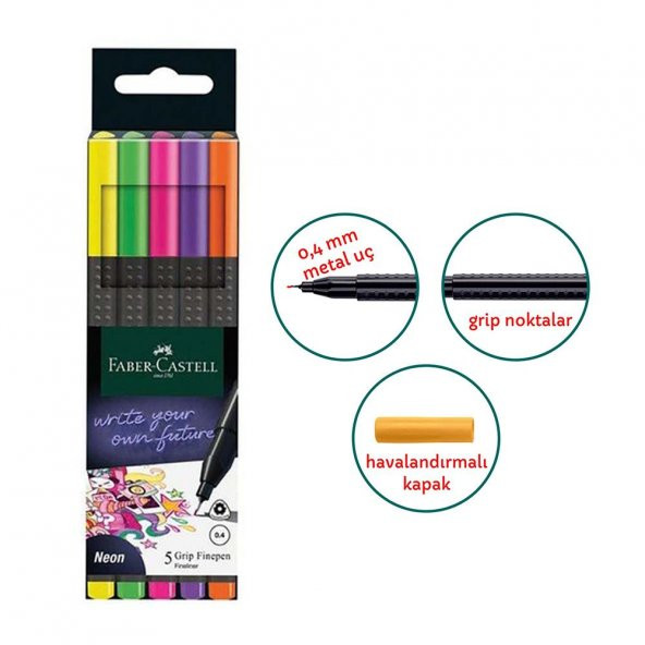 Grip Finepen 0.4 Mm 5 Renk Neon Fineliner 1 Paket Faber Keçe Uçlu Kalem Neon Renkler 5 li 1 Paket