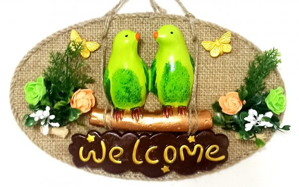 Yeşil Kuşlu Welcome Yazılı El Yapımı Kapı Süsü - Resim 2