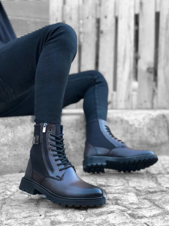 BA0218 Yan Toka Fermuarlı Kahverengi Erkek Spor Klasik Postal Bot ürün görseli 1