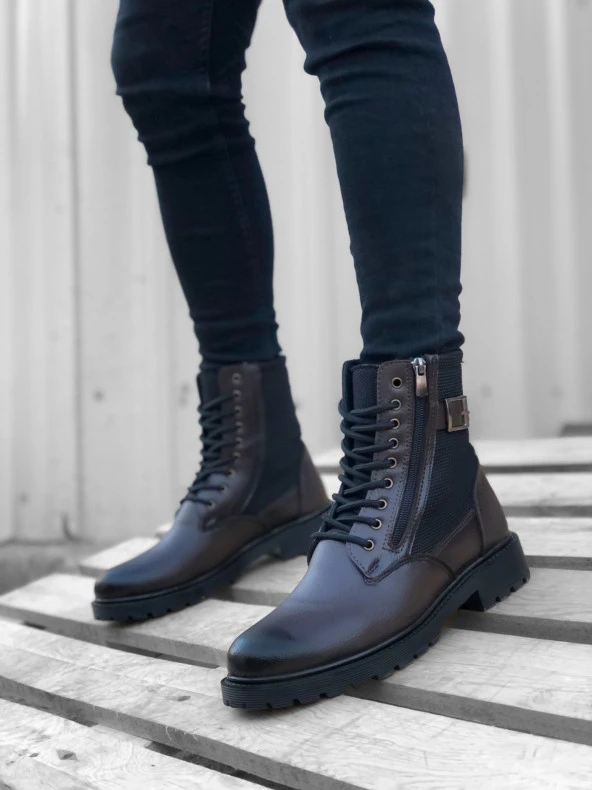 BA0218 Yan Toka Fermuarlı Kahverengi Erkek Spor Klasik Postal Bot - Resim 2