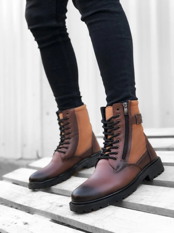 BA0218 Yan Toka Fermuarlı Taba Erkek Spor Klasik Postal Bot - Resim 2