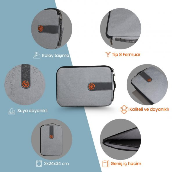 NPO Ace 13" Notebook & Tablet Kılıfı/Çantası-Açık Gri - 3
