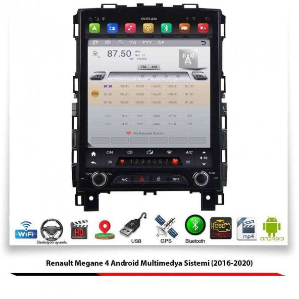 Renault Megane 4 Tesla Android Multimedya Sistemi (2016-2020) 2 GB Ram 16 GB Hafıza 4 Çekirdek Navigatör - 2