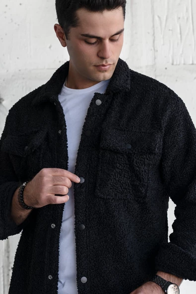 OVERSİZE ÇITÇIT KAPAMALI ÇİFT CEP PELUŞ ERKEK GÖMLEK - Resim 8