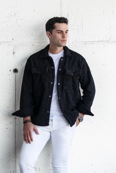 OVERSİZE ÇITÇIT KAPAMALI ÇİFT CEP PELUŞ ERKEK GÖMLEK - Resim 6