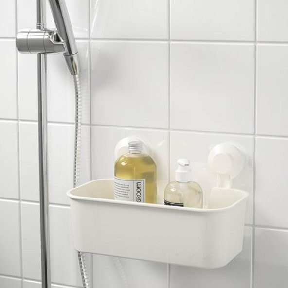 Beyaz Duş Sepeti Kare MeridyenDukkan Banyo Raf Vantuzlu Banyo Rafı 28x17x17 - 2