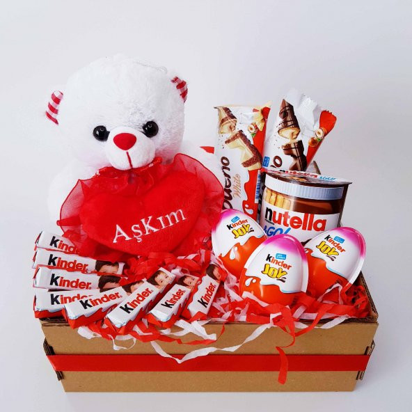 Sevgiliye Özel Hediye Aşkım Kalpli Peluş Ayıcık Hediyeli Kinder Çikolata Hediye Seti K04