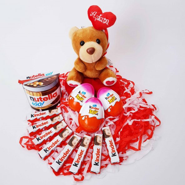 Sevgiliye Özel Hediye Aşkım Kalpli Peluş Oyuncak Hediyeli Kinder Çikolata Hediye Seti K06