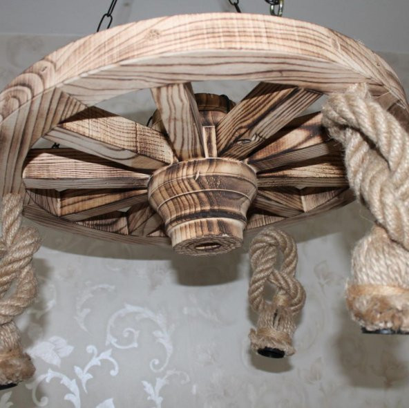 Otantik Çarşı Ahşap Halatlı Teker Avize 50 cm.  3lü - 2