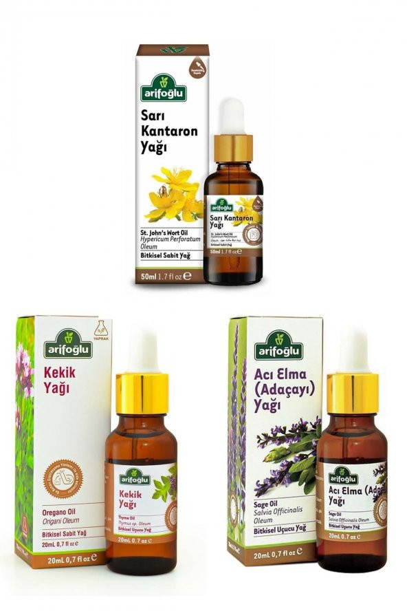 Ariifoğlu Ege Aromaterapi Seti: Kekik Yağı 20 ml + Acı Elma (Adaçayı) Yağı 20 ml + Sarı Kantaron Yağı 50 ml