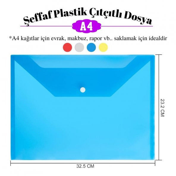 A4 Çıtçıtlı Sarı - Mavi - Sarı - Beyaz Şeffaf Renkli Zarf Dosya 4 Adet Artlantis Çıt Çıtlı Dosya 4 Adet - 6