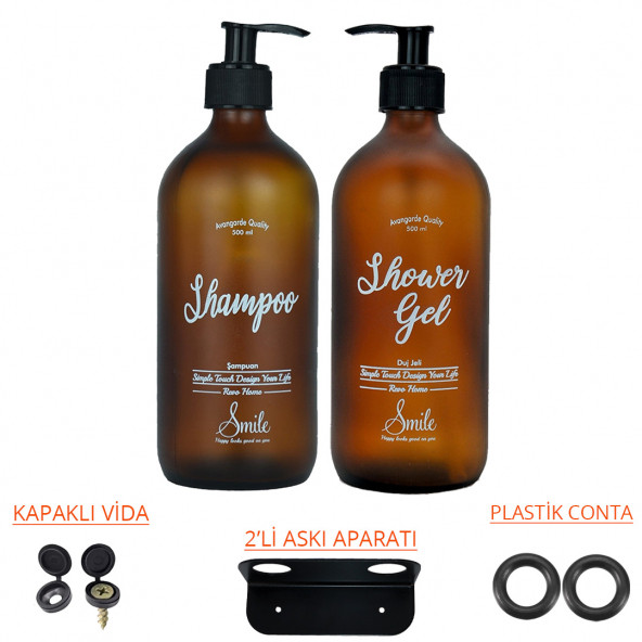 Metal 2li Duvar Askı Aparatlı Amber Cam Şampuan  Duş Jeli Şişesi  500 Ml Shampoo  Shower Gel