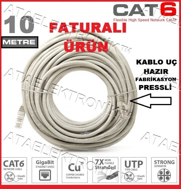 10 Metre Cat6 Bilgisayar Internet Modem Ara Kablosu Cat6
