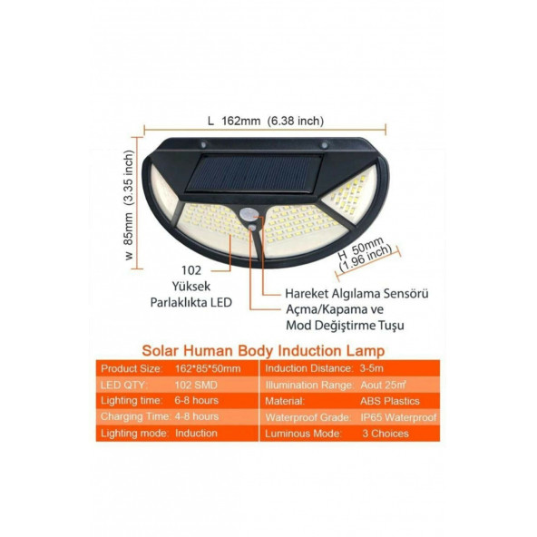 Güneş Enerjili Hareket Sensörlü 102 Led Bahçe Lambası