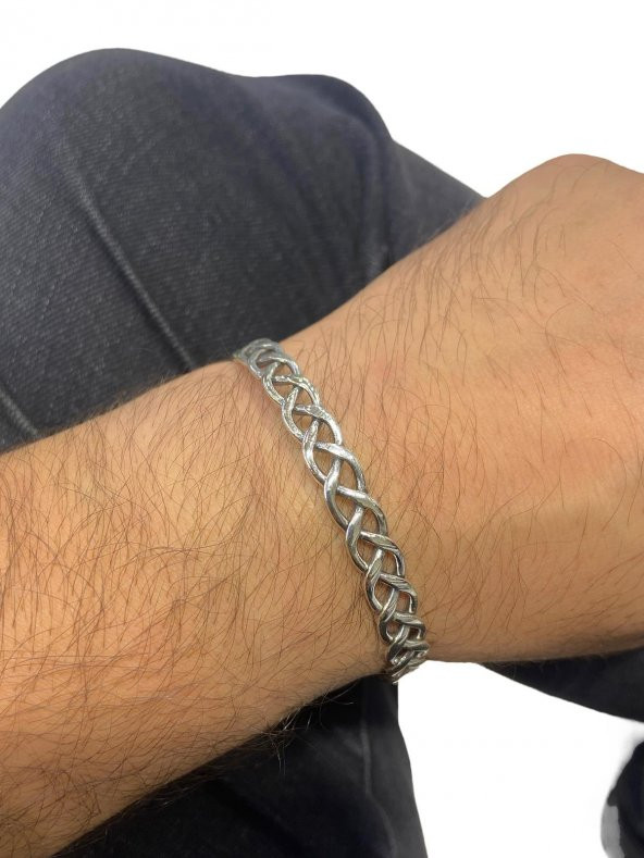 925 Gümüş Örgü Örme Taşsız Kelepçe Bilezik Unisex Bileklik - 4