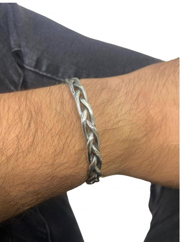 925 Gümüş İki Kalın Tel Örme El Üretim Bilezik Unisex Bileklik - 4