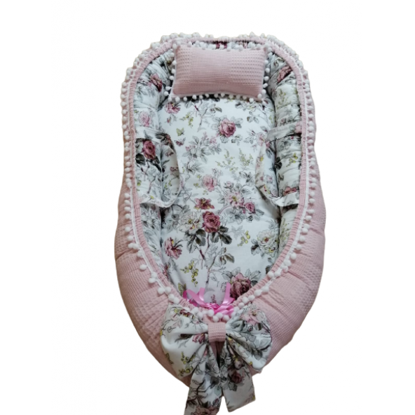 ''100 Organik Çiçek Desenli Pembe-Beyaz Pamuk Babynest/Ana Kucağı Ve Baş Yastığı İkili Set