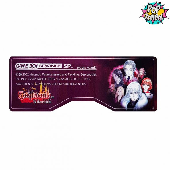 Gameboy Advance SP Arka Etiket Back Label Tag GBA SP Sticker Castlevania Aria Of Sorrow MODEL 09