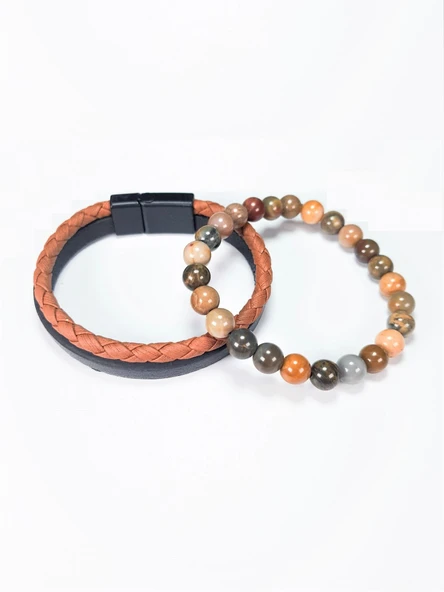 JTSS22KOB1088 JANTİ HAKİKİ DERİ MIKNATIS KAPAMA JASPER DOĞALTAŞ KOMBİN BİLEKLİK KUTULU - Resim 2