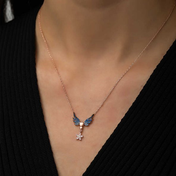 925 Ayar Gümüş Çiçekli Kanatlı Kalpli Kadın Gümüş Kolye - 2