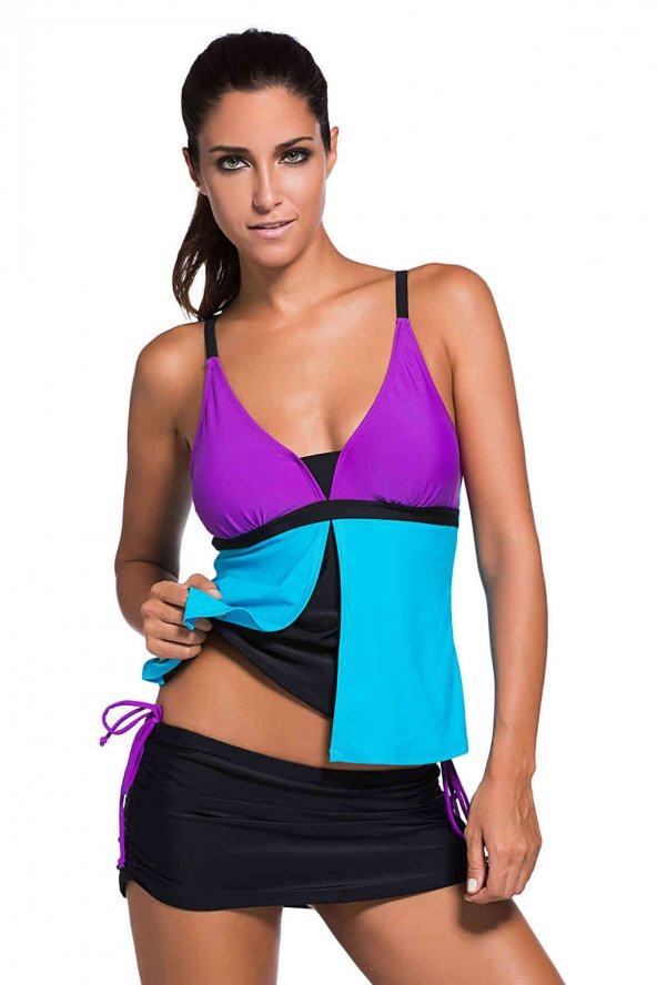 Renkli Tankini Etekli Bikini Takım