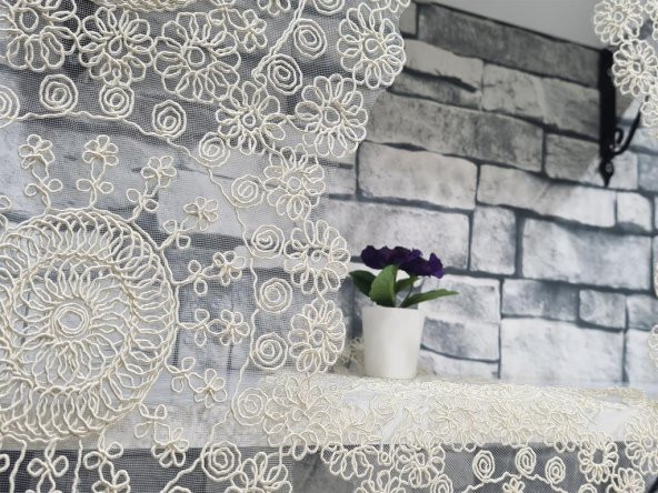 Çiçek Kordonlu 5 Parça Salon Takımı Krem - Resim 4