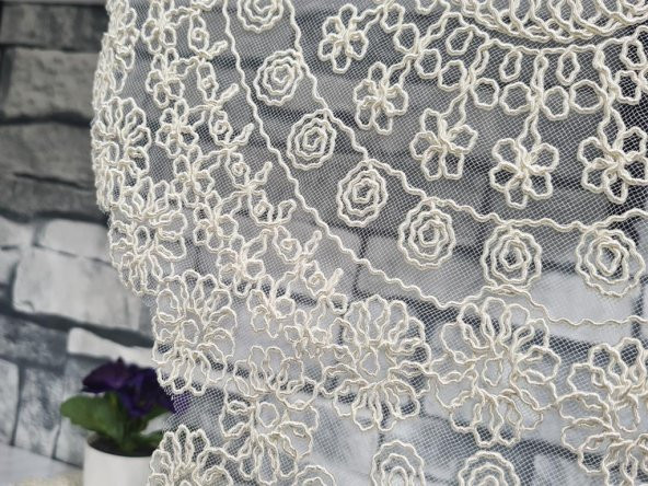 Çiçek Kordonlu 5 Parça Salon Takımı Krem - Resim 6