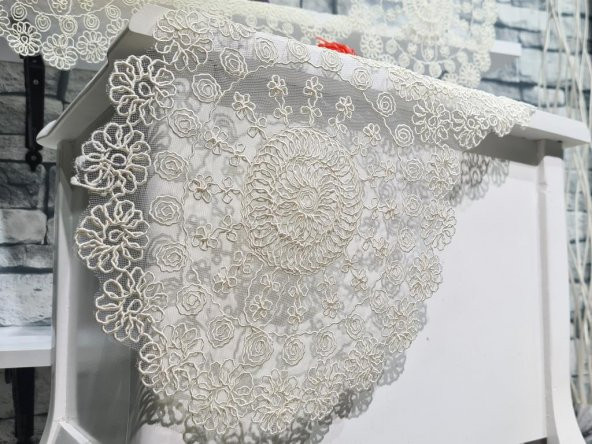 Çiçek Kordonlu 5 Parça Salon Takımı Krem - Resim 7