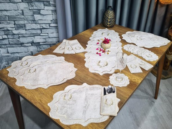 Çeyiz Diyarı Fiyonk Nakışlı 19 Parça Amerikan Servis Seti Krem Cappucino ürün görseli