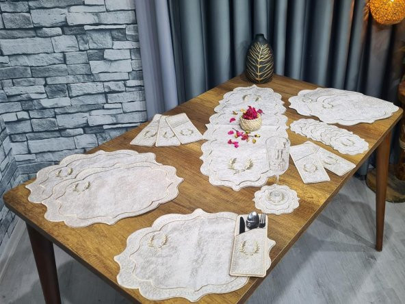 Çeyiz Diyarı Fiyonk Nakışlı 19 Parça Amerikan Servis Seti Krem Cappucino - Resim 2