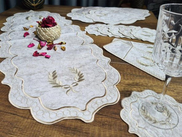 Çeyiz Diyarı Fiyonk Nakışlı 19 Parça Amerikan Servis Seti Krem Cappucino - Resim 8