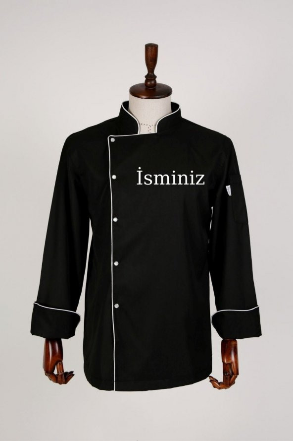 My Chef Zena Gabardin Beyaz Biyeli Siyah Erkek İsimli Şef Aşçı Ceketi