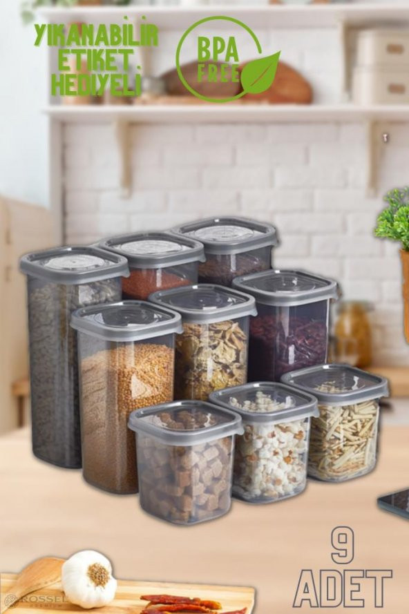 Rossel Premium Lüks Füme 9lu Erzak Saklama Kabı Etiket Hediyeli