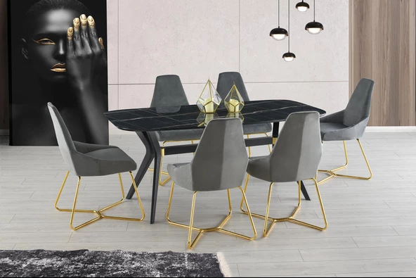 Sweet Home Sabit Eliz Masa Salon Masası  Sonata H.G Desen  6 Adet Juliyet Sandalye  Gold