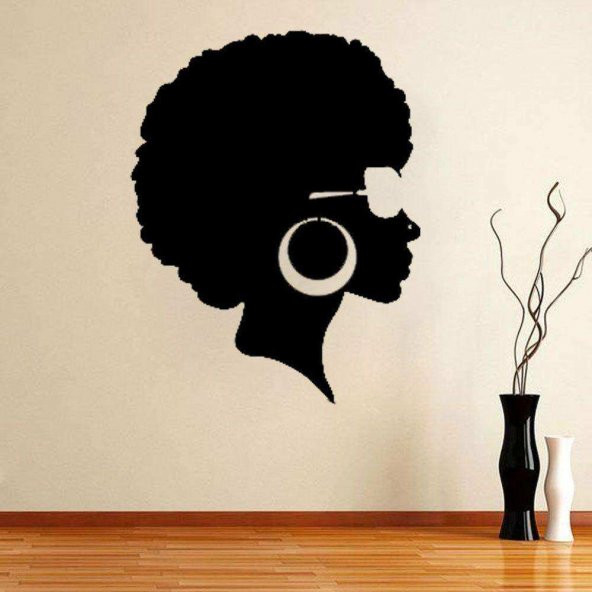 Afrikalı Kadın Hippi Kız  Silüeti Duvar Sticker, Çıkartma Siyah - 1