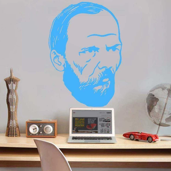 Ünlü Düşünür Yazar Fyodor Dostoyevski Silüeti Dekoratif Genç Odası Duvar Sticker, Çıkartma Mavi