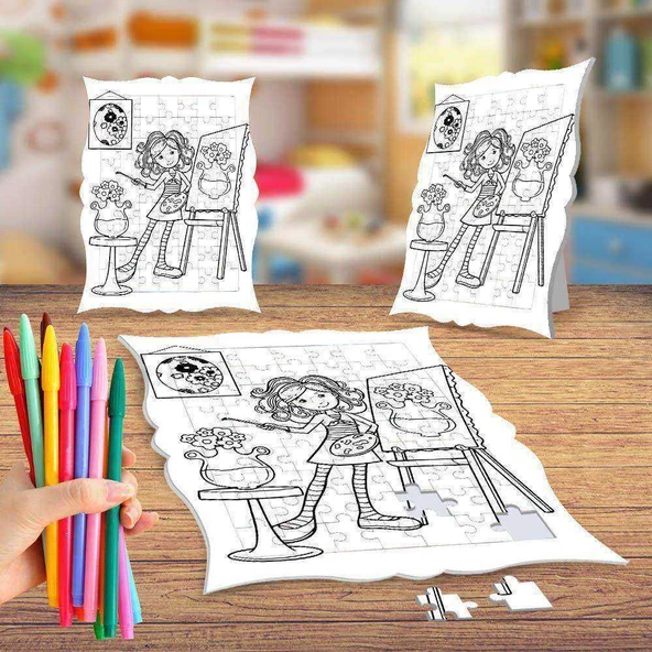 Neşeli Ressam Kız Boyama Puzzle Tablo Çocuk Eğitici Yapboz