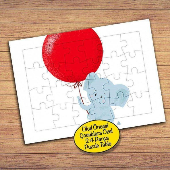 Kırmızı Balonlu Sevimli Fil 24 Parça Çocuklara Özel Yapboz Tablo-125