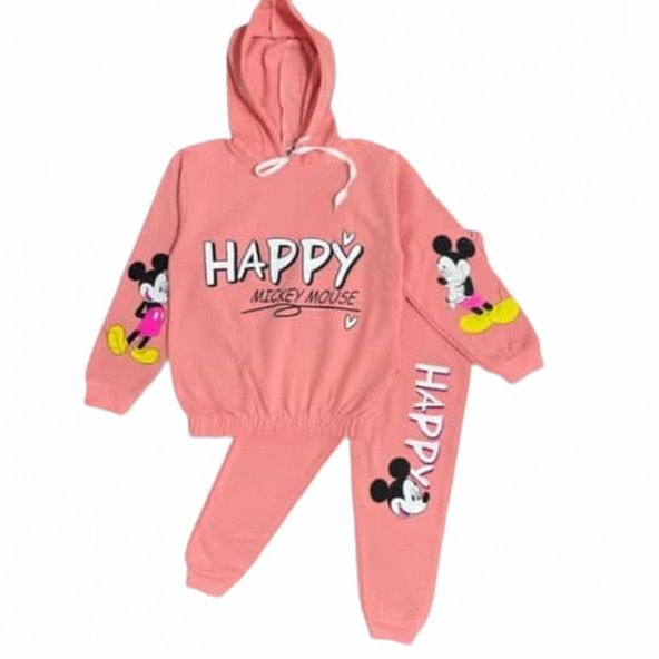 Kız Çocuk Kapüşonlu Happy Baskılı Alt-üst Takım
