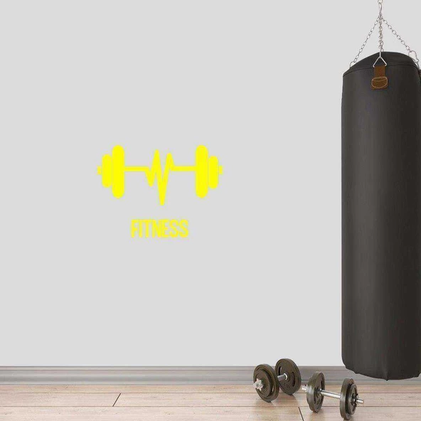 Kalp Ritimli Dumbell, Fitness Dekoratif Duvar Sticker, Çıkartma, Etiket Sarı