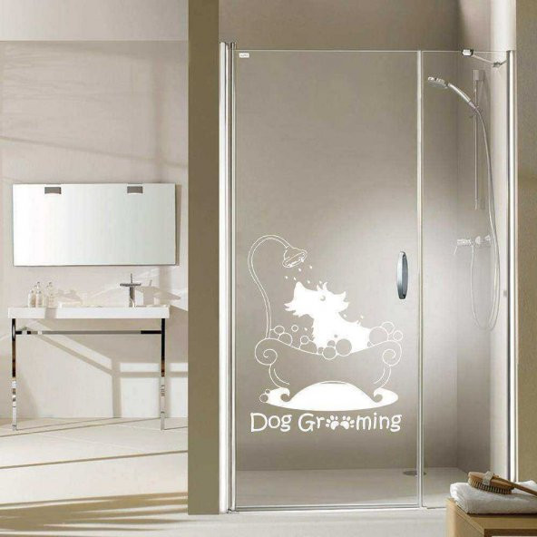 Dog Grooming Yazılı Duşta Sevimli Köpek Silüeti Dekoratif Banyo Duvar Sticker, Çıkartma, Etiket Beyaz