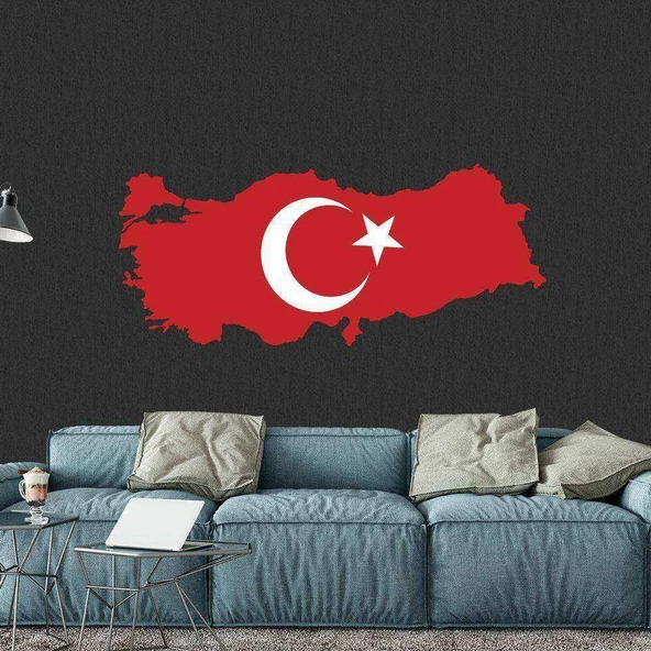 Kırmızı Türkiye Haritası Beyaz Ayyıldız Dekoratif Duvar Sticker, Çıkartma, Etiket kırmızı