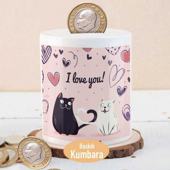 I Love You Yazılı Kediler Para Birikim Kumbarası-1308-16763