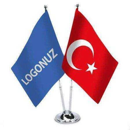 Firmanıza özel 2li metal masa bayrağı - Türkiye Cumhuriyeti Bayrağı ve Firmanızın Logosu Bayrak