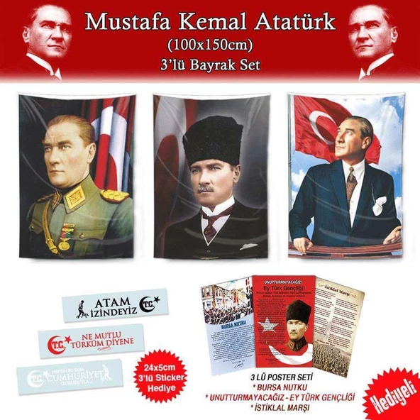 Gazi Mustafa Kemal Atatürk 1x1.5m Bayrak Set-3'lü Poster ve Sticker Hediyeli-29 Ekim Bayram Kutlama