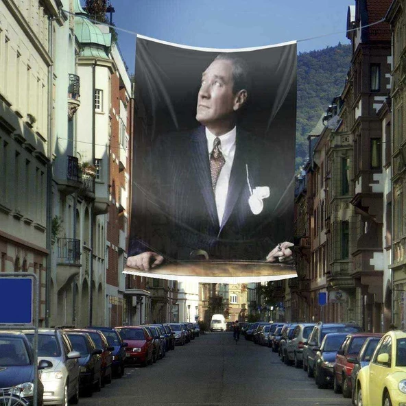 Göğe Bakan Sivil Mustafa Kemal Atatürk Dış Cephe Poster Bayrak 400x600cm -4x6 metre